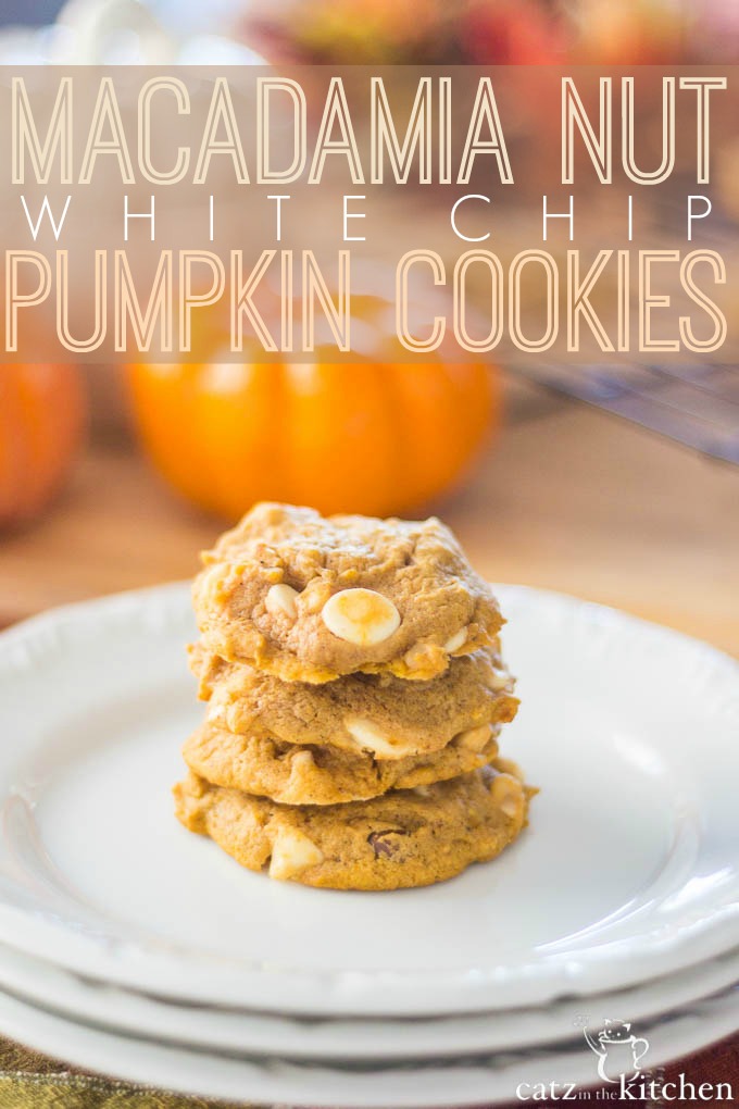 Macadamia Nut White Chip Pumpkin Cookies | Catz in the Kitchen | catzinthekitchen.com | #fall #cookies #pumpkin