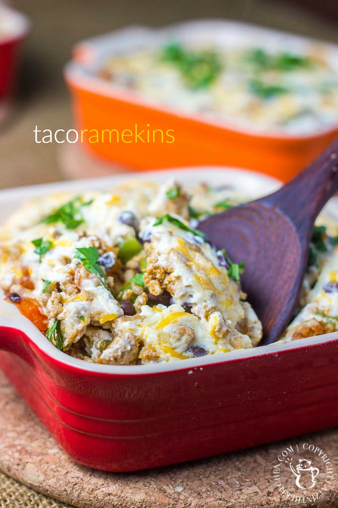 Taco Ramekins | Catz in the Kitchen | catzinthekitchen.com | #taco #recipe #casserole This yummy recipe for Taco Ramekins is easy, flavorful, kid-friendly, & ready in a little over 30 min! Plus, the ramekins make for fun, individual servings!