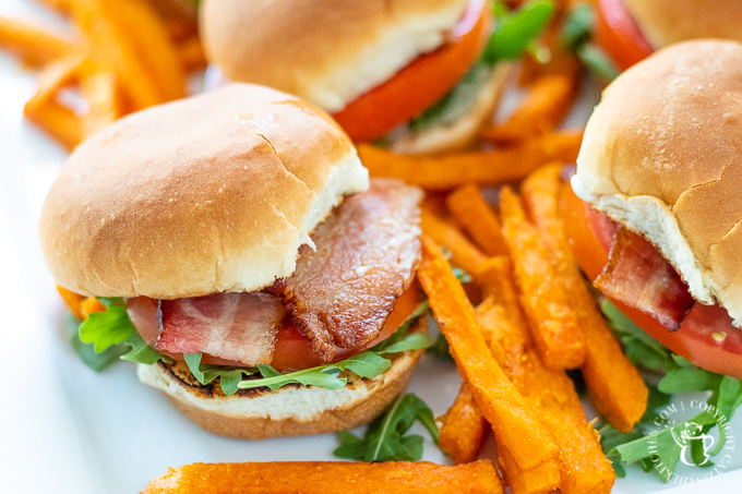 This easy recipe for BLT sliders with arugula and camp sauce is quick, flexible, and works as a main course, or a party or game day appetizer!