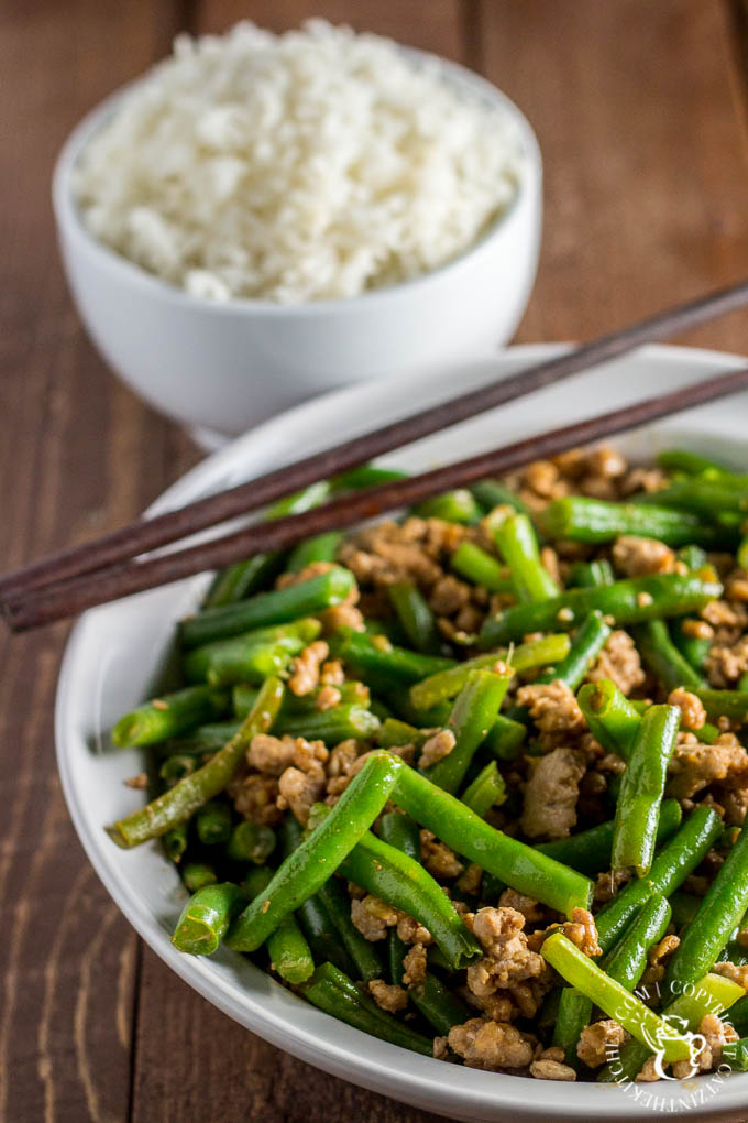 Szechuan Green Beans & Pork Szechuan Green Beans & Pork is an approachable, easy recipe that is incredibly tasty and feeds a family in about 15 minutes!