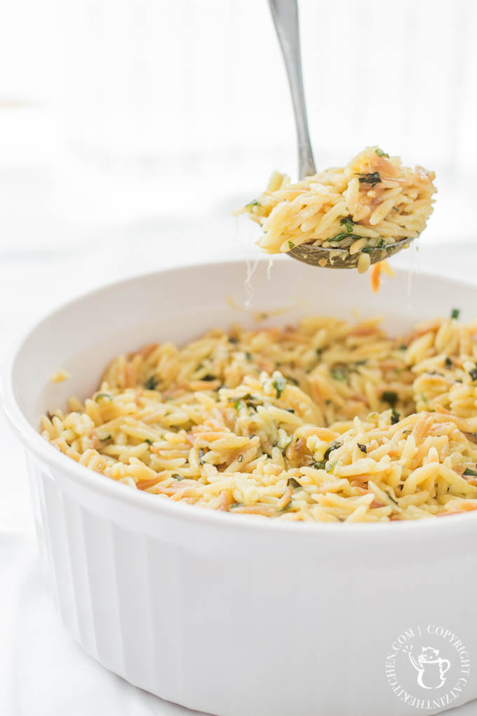 This recipe for Creamy Parmesan Orzo with basil is a tasty, easy side dish that goes with a wide variety of main dishes and is ready in 30 minutes! 