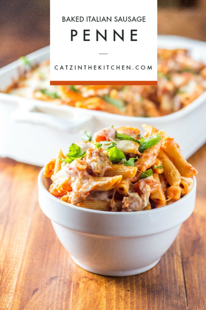 Baked Italian Sausage Penne This recipe for baked Italian sausage penne is one of the most tried and true in our home kitchen! We've been making it for years - its simple, warm flavors and heartiness make us happy when it's cold and rainy out!