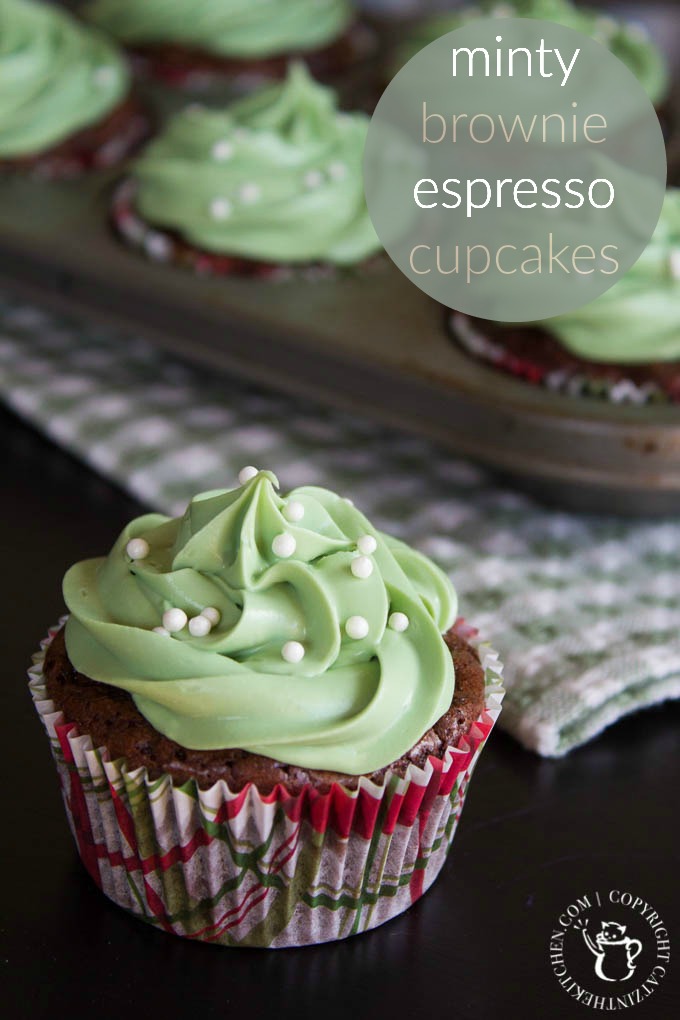 Minty Espresso Brownie Cupcakes | Catz in the Kitchen | catzinthekitchen.com | #dessert #cupcakes #StPatricksDay #recipe The green frosting is for St. Patrick's Day. The brownies and espresso are for blowing your mind. This recipe for minty espresso brownie cupcakes might just be the best thing about March!