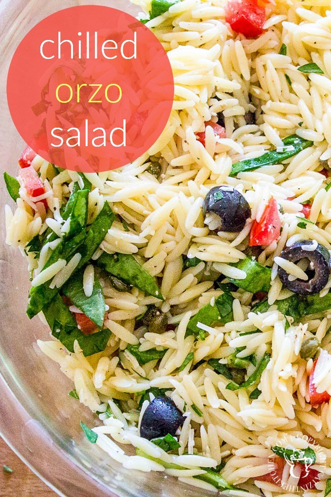 Chilled Orzo Salad Chilled Orzo Salad - simple, fresh ingredients like tomatoes, olives, and spinach thrown together with pasta and Italian dressing - a scrumptious side dish!