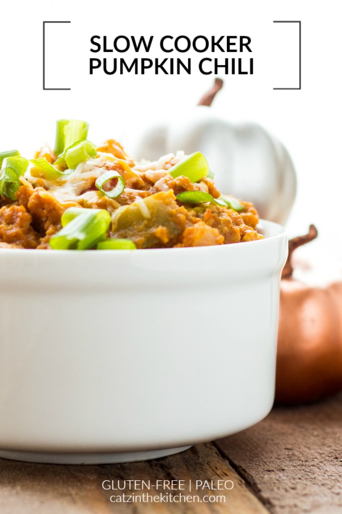 If this hearty and mellow recipe for pumpkin slow cooker turkey chili doesn’t get you in the fall spirit, I don’t know what will!
