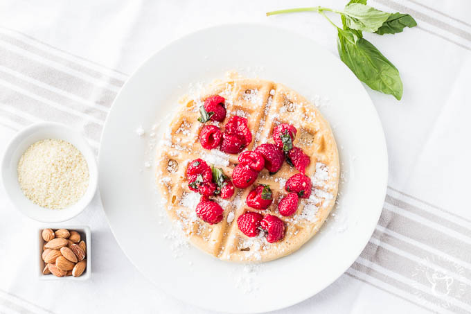 Almond Waffles with Raspberry Basil Sauce | Catz in the Kitchen | catzinthekitchen.com | #berries #almond #waffles #recipe