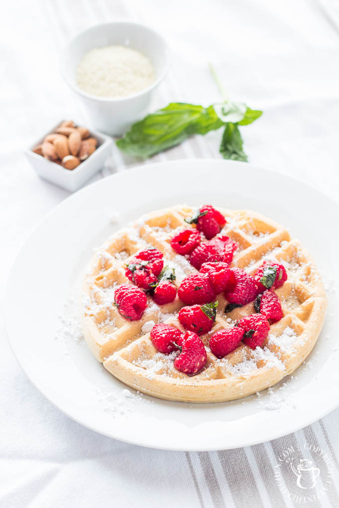 Almond Waffles with Raspberry Basil Sauce | Catz in the Kitchen | catzinthekitchen.com | #berries #almond #waffles #recipe