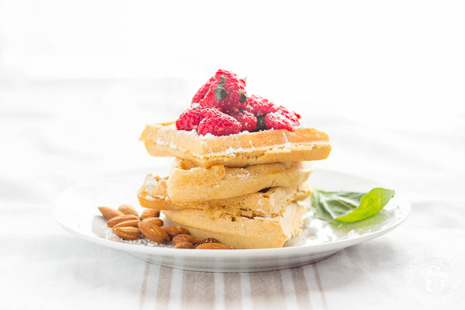 Almond Waffles with Raspberry Basil Sauce | Catz in the Kitchen | catzinthekitchen.com | #berries #almond #waffles #recipe