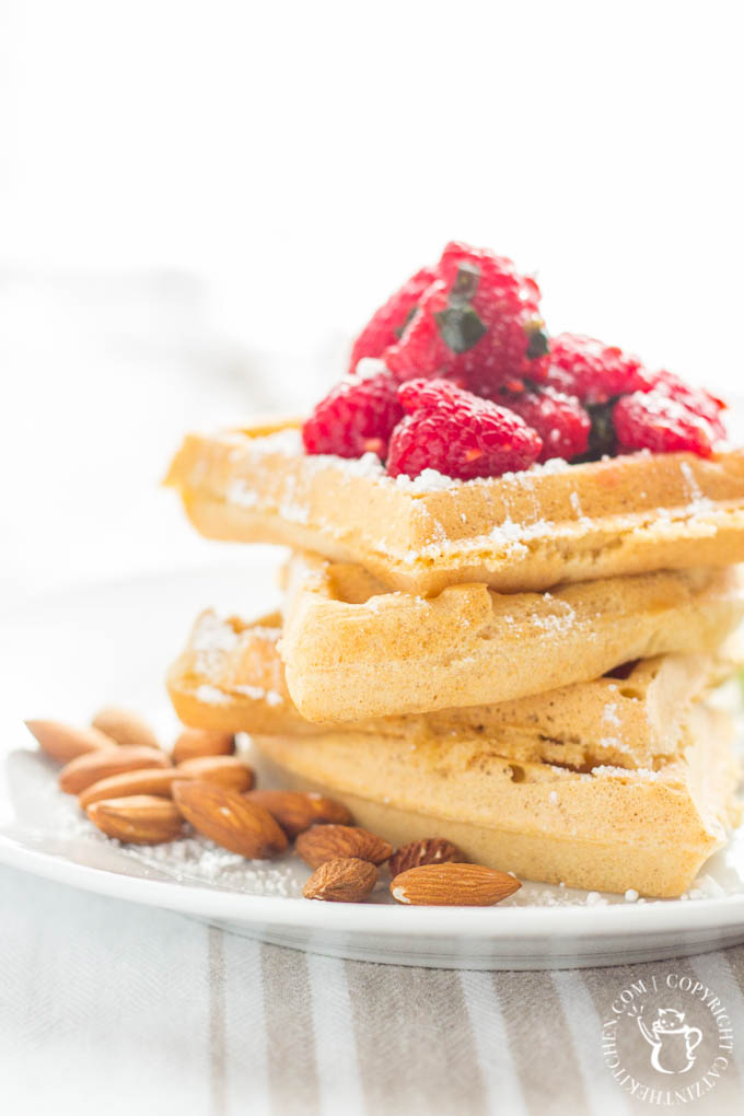 Almond Waffles with Raspberry Basil Sauce | Catz in the Kitchen | catzinthekitchen.com | #berries #almond #waffles #recipe