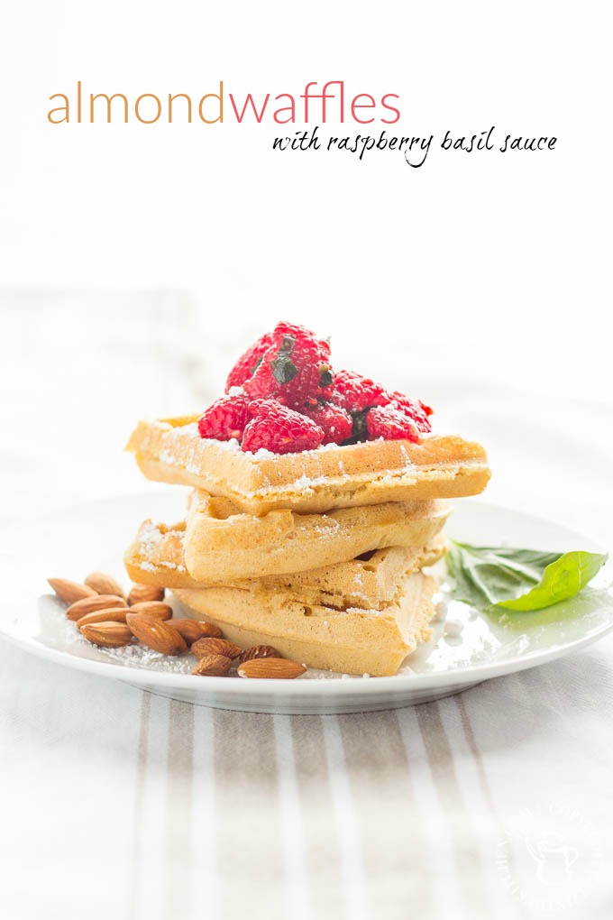 Almond Waffles with Raspberry Basil Sauce | Catz in the Kitchen | catzinthekitchen.com | #berries #almond #waffles #recipe