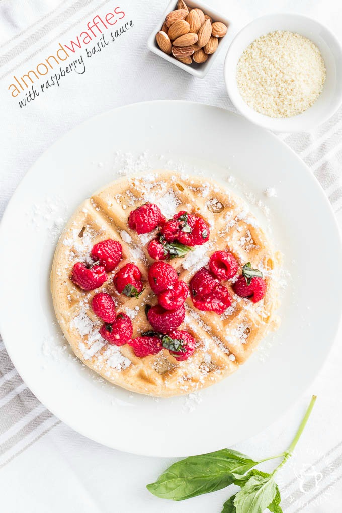 Almond Waffles with Raspberry Basil Sauce | Catz in the Kitchen | catzinthekitchen.com | #berries #almond #waffles #recipe