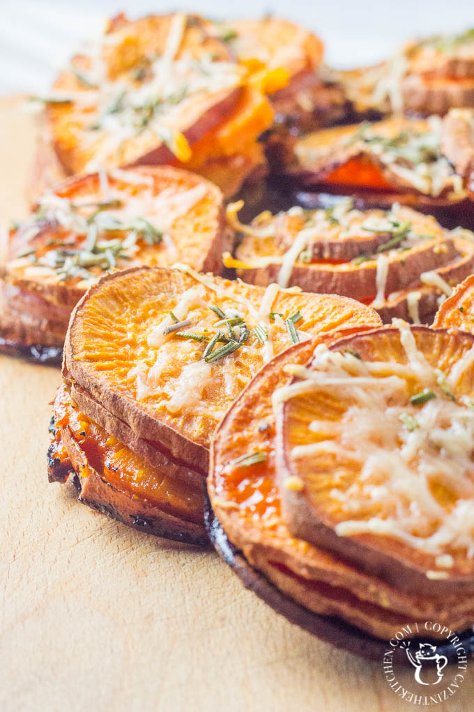 This recipe for rosemary sweet potato stacks is quick, easy, snacky, kid-friendly, and healthy! What more can you ask for in a side dish?