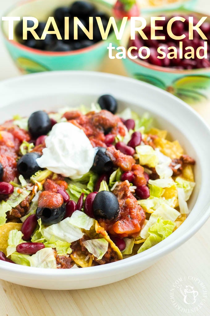 This recipe for "trainwreck" taco salad is simple, inexpensive, easily customizable, and incredibly tasty! It will please your family, or a crowd of almost any size!