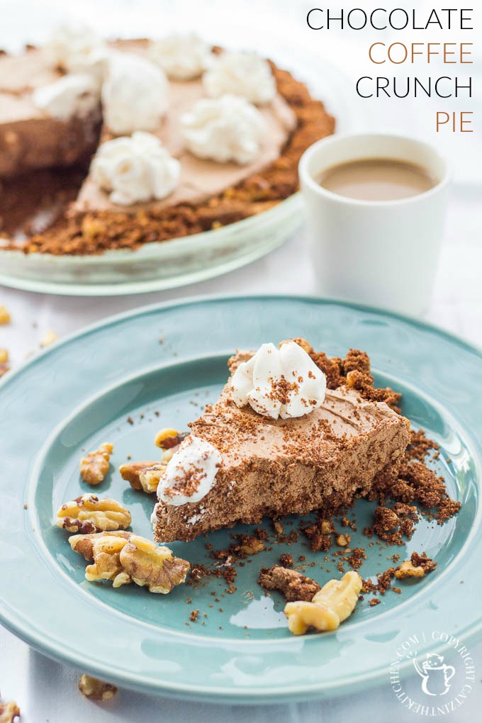 Chocolate Coffee Crunch Pie is a dessert recipe that checks all the boxes! It's got velvety chocolate, savory espresso, crunchy walnuts, and whipped cream!