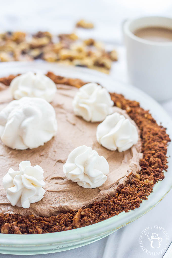 Chocolate Coffee Crunch Pie is a dessert recipe that checks all the boxes! It's got velvety chocolate, savory espresso, crunchy walnuts, and whipped cream!