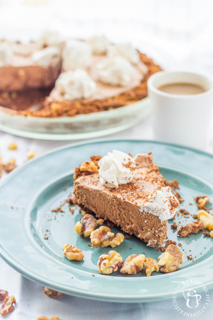 Chocolate Coffee Crunch Pie is a dessert recipe that checks all the boxes! It's got velvety chocolate, savory espresso, crunchy walnuts, and whipped cream!