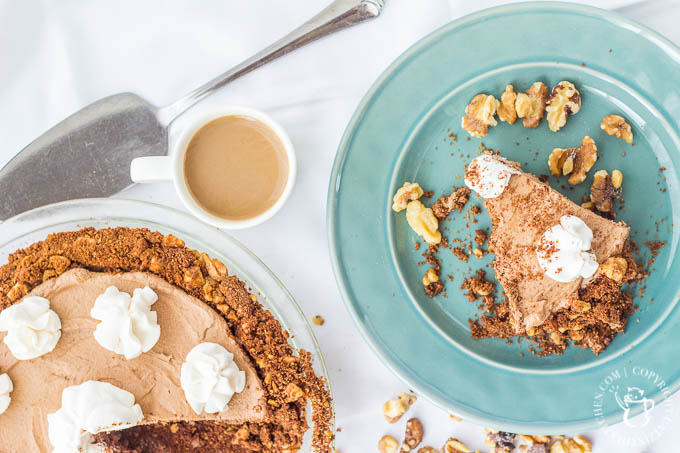 Chocolate Coffee Crunch Pie is a dessert recipe that checks all the boxes! It's got velvety chocolate, savory espresso, crunchy walnuts, and whipped cream!