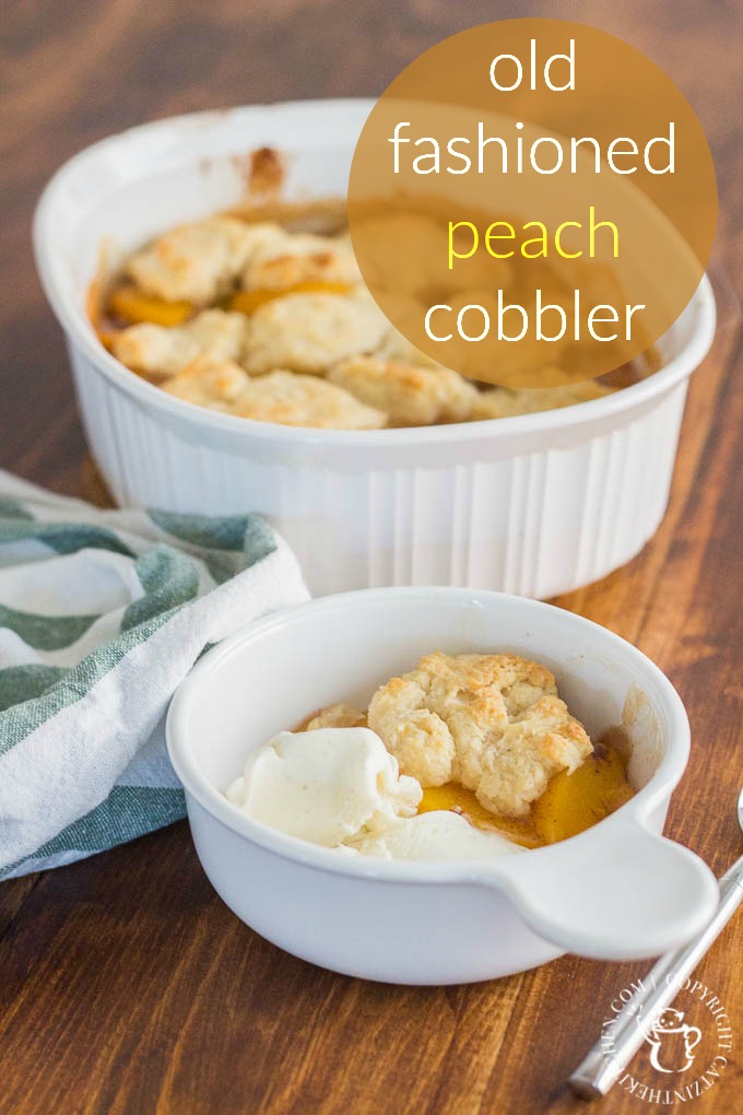 Old Fashioned Peach Cobbler is literally a recipe for comfort! This easy dessert features hints of cinnamon and nutmeg alongside sweet, juicy peaches - yum!