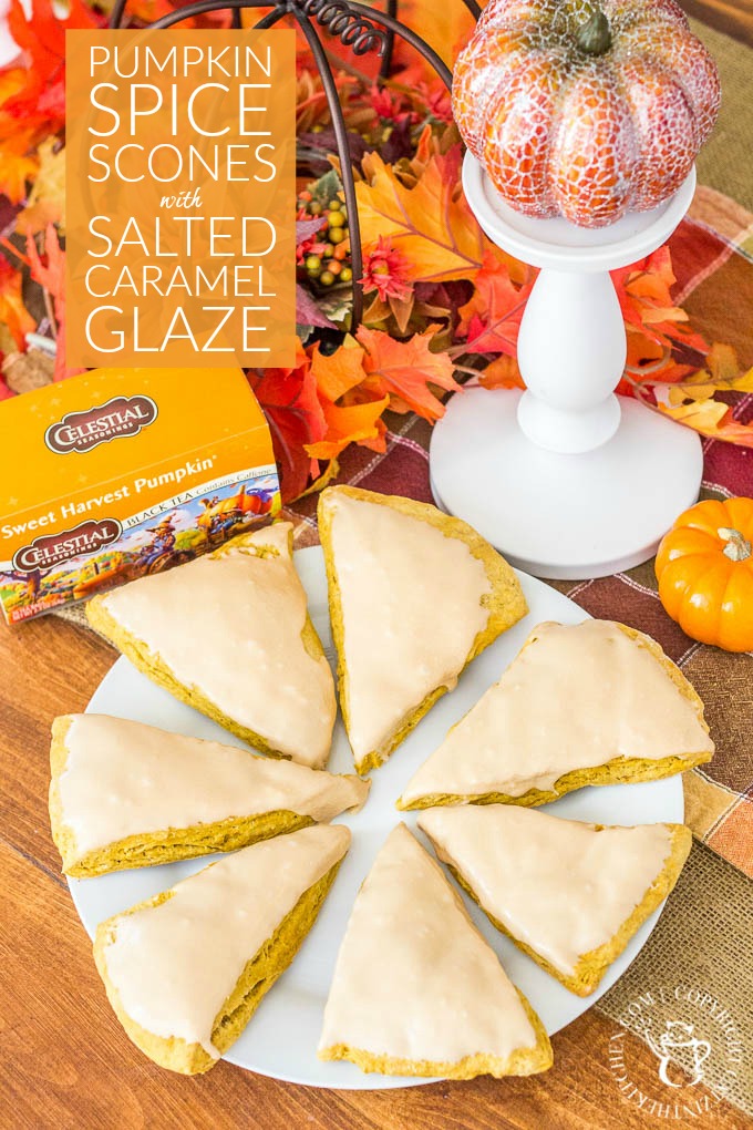 Salty and sweet, with rich autumn spices, these Pumpkin Spice Scones are easy to make and drizzled with a yummy salted caramel glaze! #celestialseasonings #themagicoftea