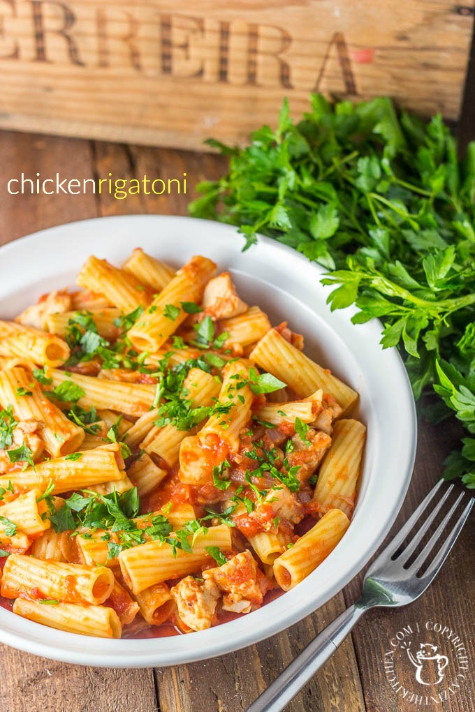 Make this recipe when it's cold outside and you're hungry inside! Chicken Rigatoni is easy, quick, flexible to what you have on hand, and yummy!