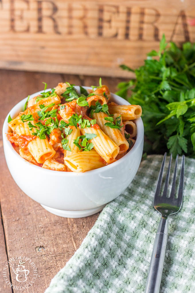 Make this recipe when it's cold outside and you're hungry inside! Chicken Rigatoni is easy, quick, flexible to what you have on hand, and yummy!
