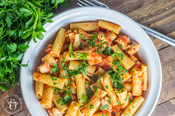 Make this recipe when it's cold outside and you're hungry inside! Chicken Rigatoni is easy, quick, flexible to what you have on hand, and yummy!