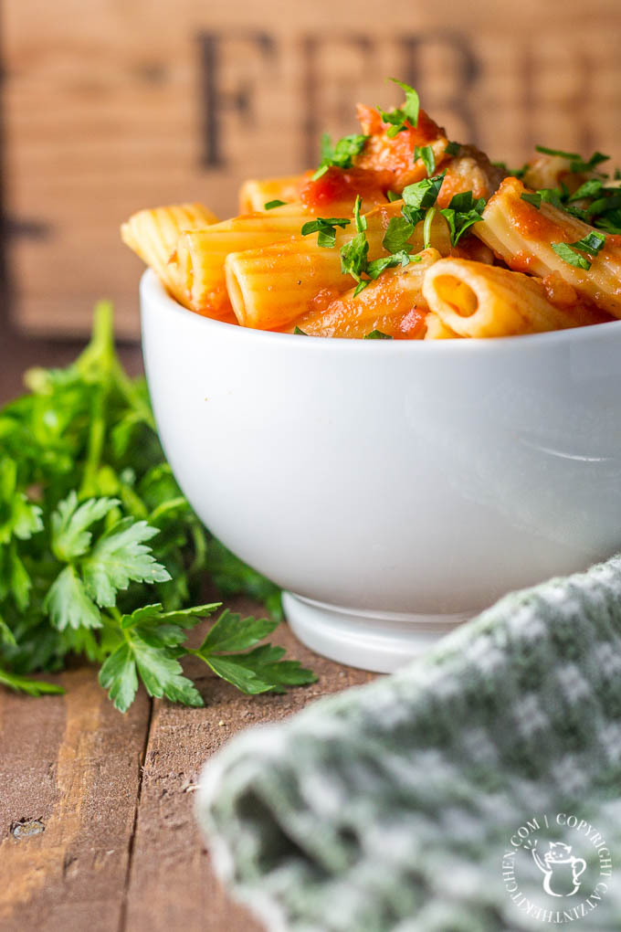 Make this recipe when it's cold outside and you're hungry inside! Chicken Rigatoni is easy, quick, flexible to what you have on hand, and yummy!