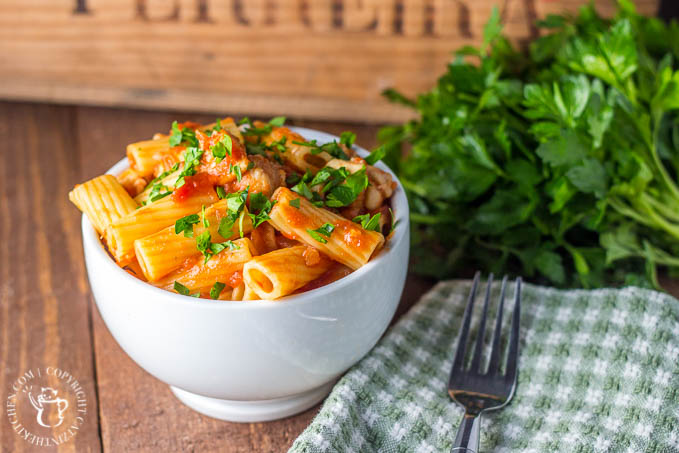 Make this recipe when it's cold outside and you're hungry inside! Chicken Rigatoni is easy, quick, flexible to what you have on hand, and yummy!