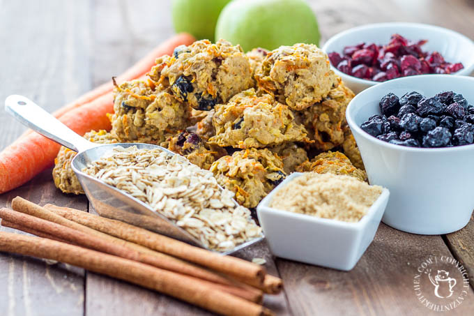 Carrots, apples, oats, blueberries, cranberries, walnuts, cinnamon and a bit of brown sugar make these healthy cookies amazing & safe for indulging!