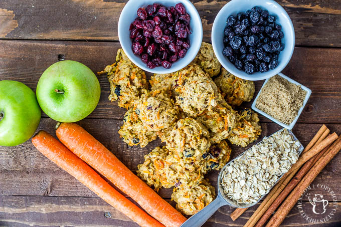 Carrots, apples, oats, blueberries, cranberries, walnuts, cinnamon and a bit of brown sugar make these healthy cookies amazing & safe for indulging!