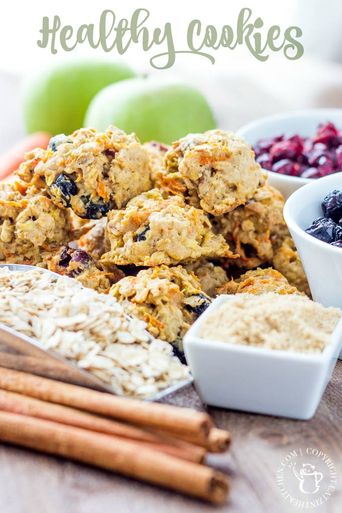 Carrots, apples, oats, blueberries, cranberries, walnuts, cinnamon and a bit of brown sugar make these healthy cookies amazing & safe for indulging!