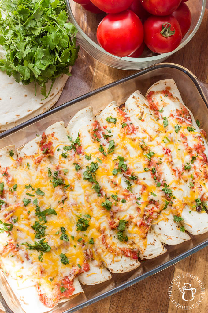 Light and healthy (well, maybe minus the tortillas), these meatless enchiladas are super tasty and easy to make, mostly from things you have leftover!