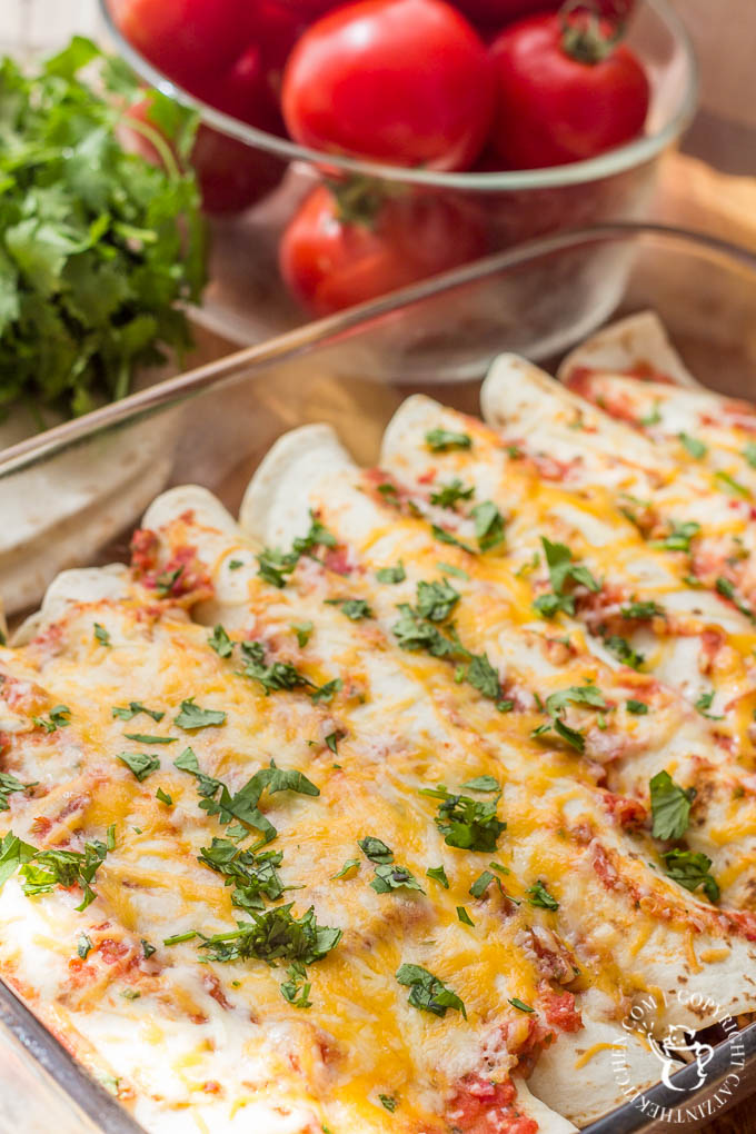 Light and healthy (well, maybe minus the tortillas), these meatless enchiladas are super tasty and easy to make, mostly from things you have leftover!