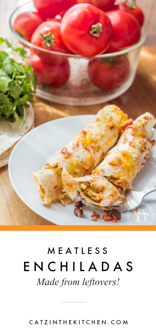 Light and healthy (well, maybe minus the tortillas), these meatless enchiladas are super tasty and easy to make, mostly from things you have leftover!