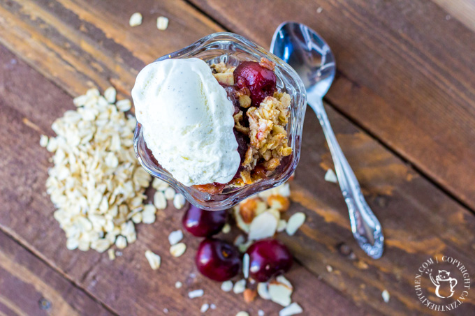 Cherries are in season, and this recipe for cherry vanilla crisp is an especially yummy way to celebrate that! It's perfect paired with a bit of ice cream.