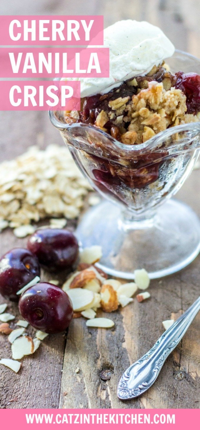 Cherries are in season, and this recipe for cherry vanilla crisp is an especially yummy way to celebrate that! It's perfect paired with a bit of ice cream.