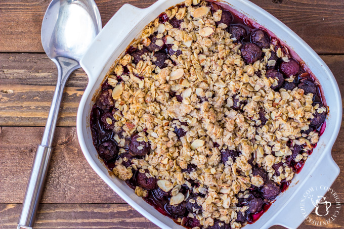 Cherries are in season, and this recipe for cherry vanilla crisp is an especially yummy way to celebrate that! It's perfect paired with a bit of ice cream.