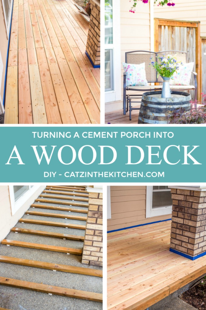 If you've ever thought about turning your cement porch into a wood deck, it's surprisingly easy! Here are some thoughts, tips, & photos from our experience!