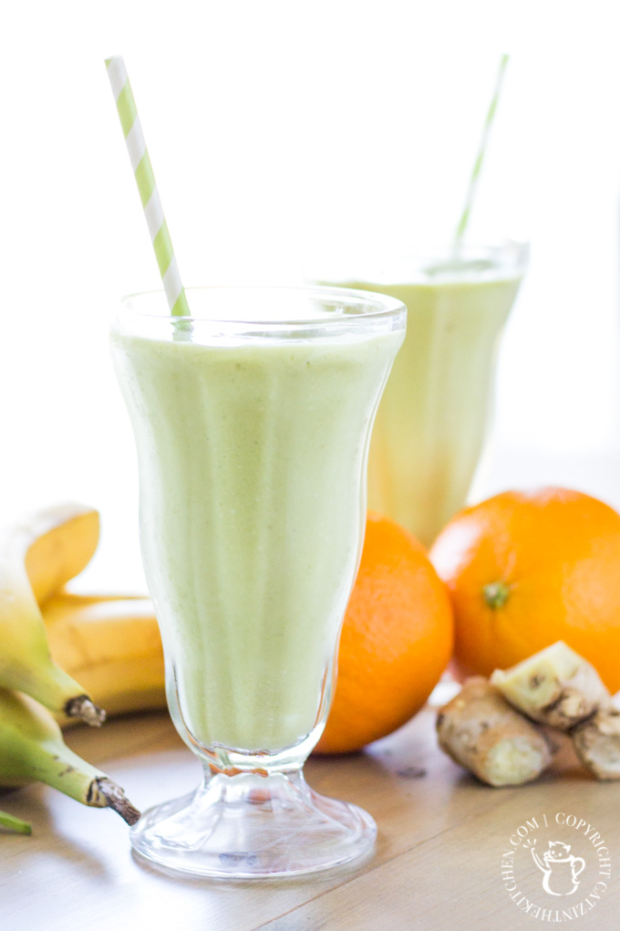 One of our favorite smoothie standbys, what we call the Sunday Morning Smoothie - orange, banana, ginger, mango, pineapple, spinach, coconut, and more!