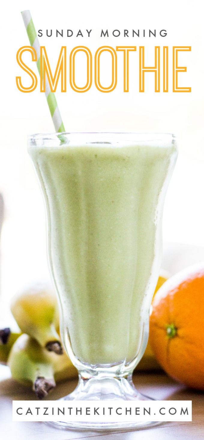 One of our favorite smoothie standbys, what we call the Sunday Morning Smoothie - orange, banana, ginger, mango, pineapple, spinach, coconut, and more!