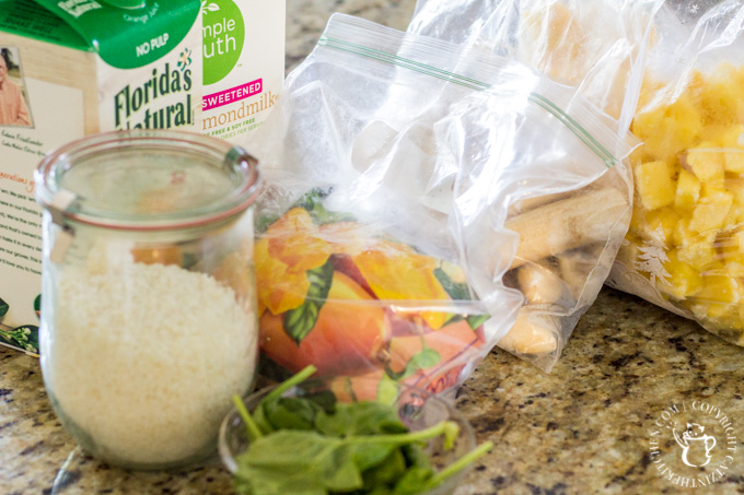 One of our favorite smoothie standbys, what we call the Sunday Morning Smoothie - orange, banana, ginger, mango, pineapple, spinach, coconut, and more!