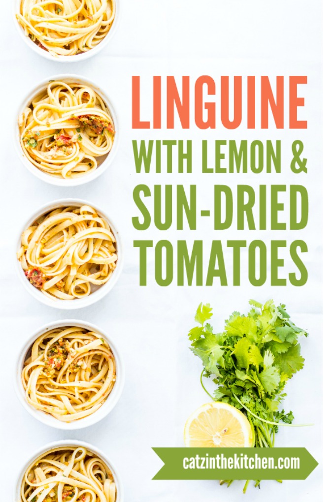 Simple linguine with lemon & sun-dried tomatoes along with olives, fresh basil, & garlic. Oh, and a little cheese & olive oil because...that's a must!