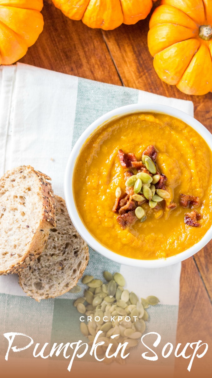 This recipe for pumpkin soup made in the slow cooker is easy, zesty, and bursting with the taste of autumn! Prep in the morning & have an effortless dinner! #pumpkin