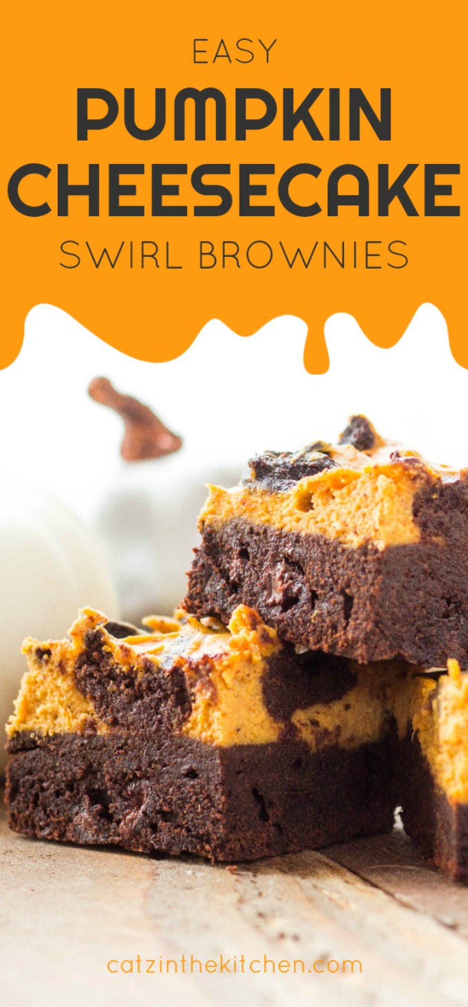 These swirled pumpkin cheesecake brownies are fun, festive, and easy to make! Not too sweet, with a subtle pumpkin flavor, let the kiddos help whip them up!