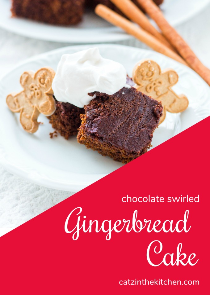A little bit cake, a little bit brownie, and a whole lotta festive flavor - this recipe for Chocolate Swirled Gingerbread Cake is an easy holiday delight!