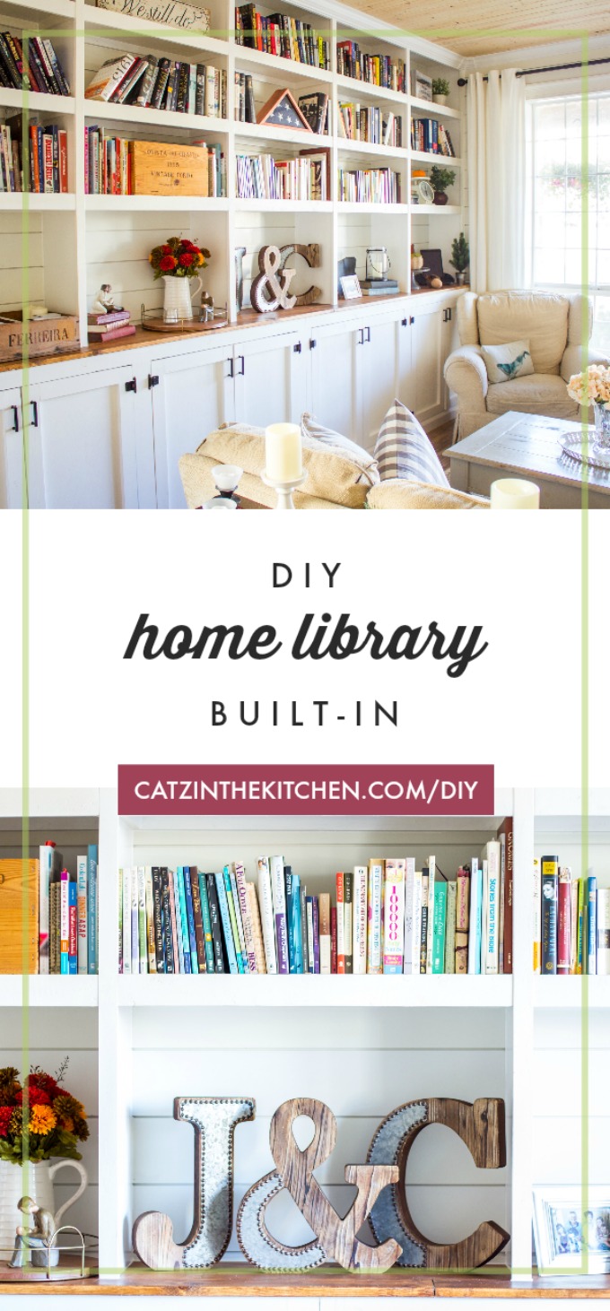 A DIY home library built-in adds a lot of character to a blank wall, but it's also incredibly functional, especially with cabinets underneath for storage!