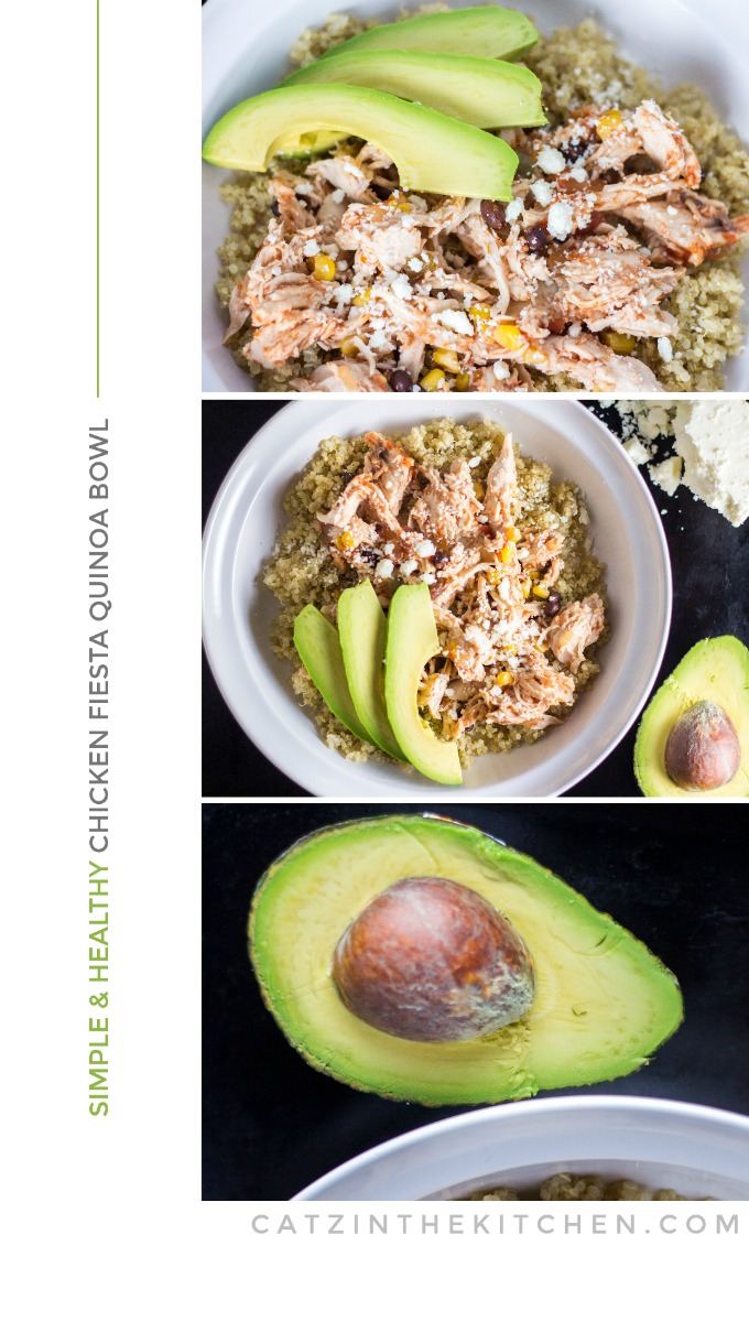 This recipe for a Simple & Healthy Chicken Fiesta Quinoa Bowl is quick, easy, and comes together in the slow cooker! You can't beat that. Add a little avocado and queso fresco and you've got a tasty dinner.