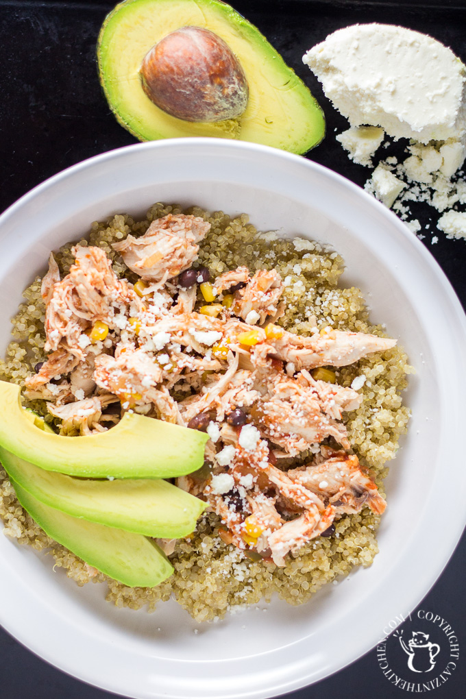 This recipe for a Simple & Healthy Chicken Fiesta Quinoa Bowl is quick, easy, and comes together in the slow cooker! You can't beat that. Add a little avocado and queso fresco and you've got a tasty dinner.