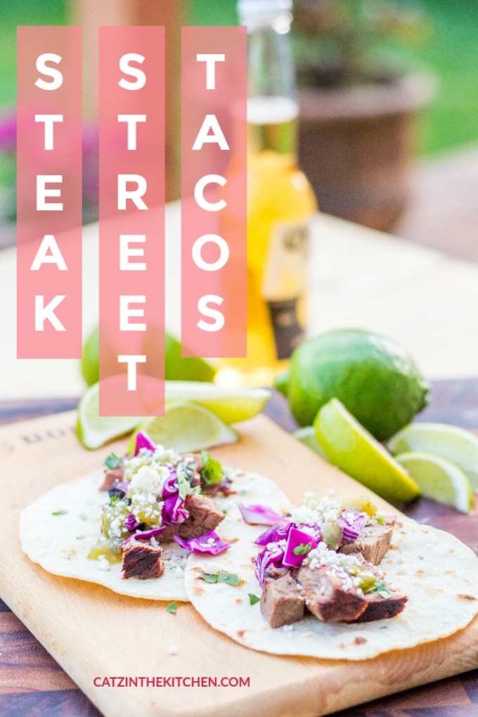 These steak street tacos are super tasty and incredibly easy to make! An inexpensive cut of steak works great, grilled alongside corn tortillas, with a fresh cabbage and salsa topping!