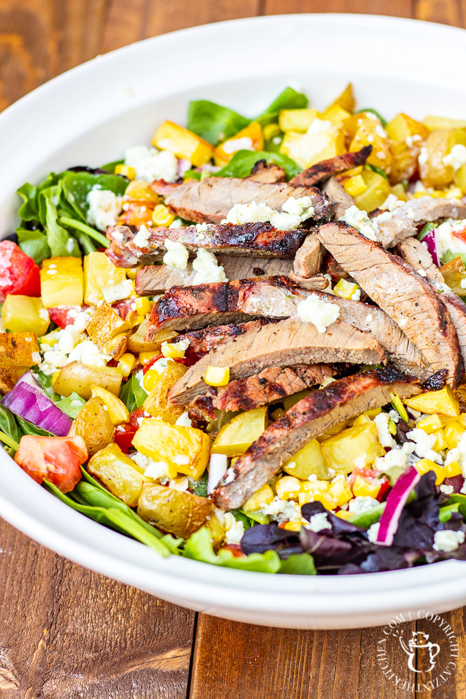 This is not your typical salad. It's got blue cheese. It's got potatoes. It's got steak. If you want a hearty, tasty dinner...cowboy steak salad!